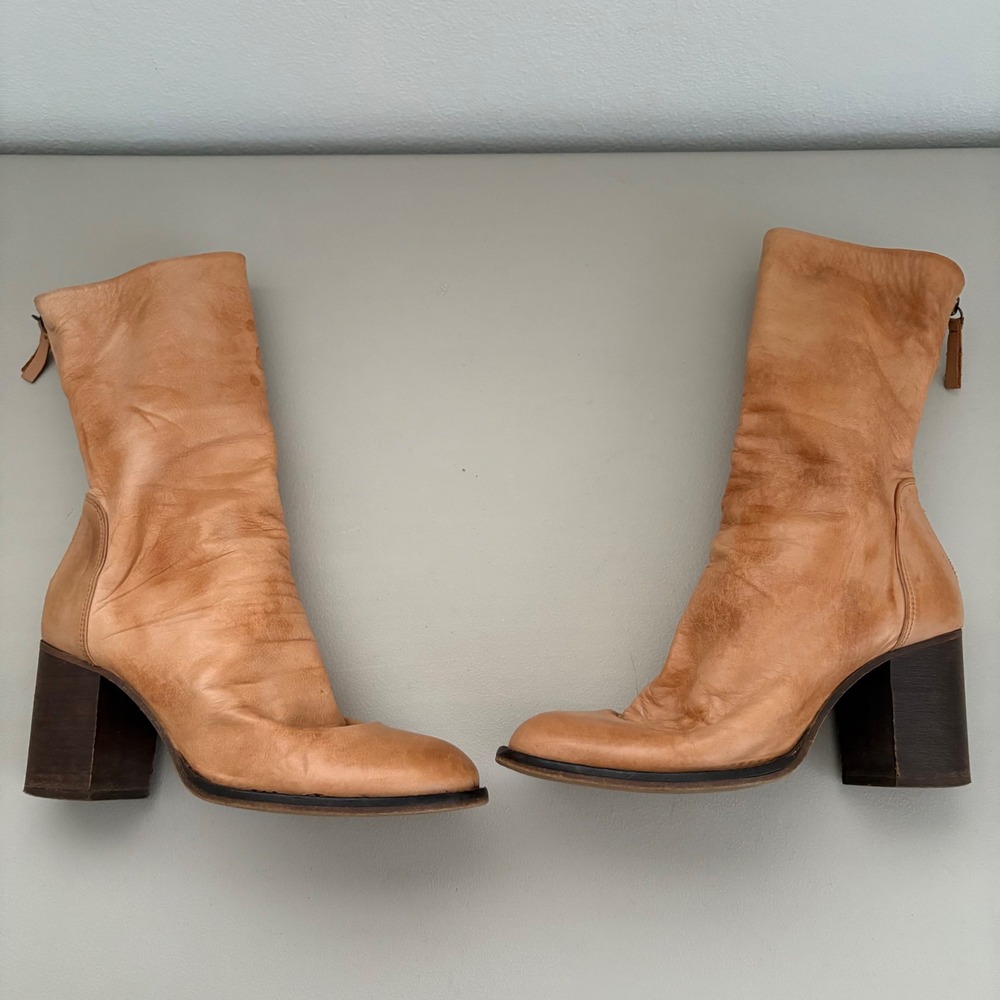 Free People Elle Block Heel Boot Slouchy Leather Back Zipper EU 39 US 8.5 Tan - Picture 2 of 11